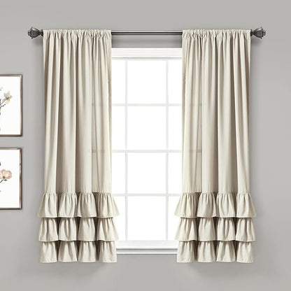 Lush Decor Allison Ruffle Light Filtering Window Curtain Panels Pair 40" W x 63" L Neutral - Coquette Curtains for Bedroom - Drapes - Ruffle Curtains Kids