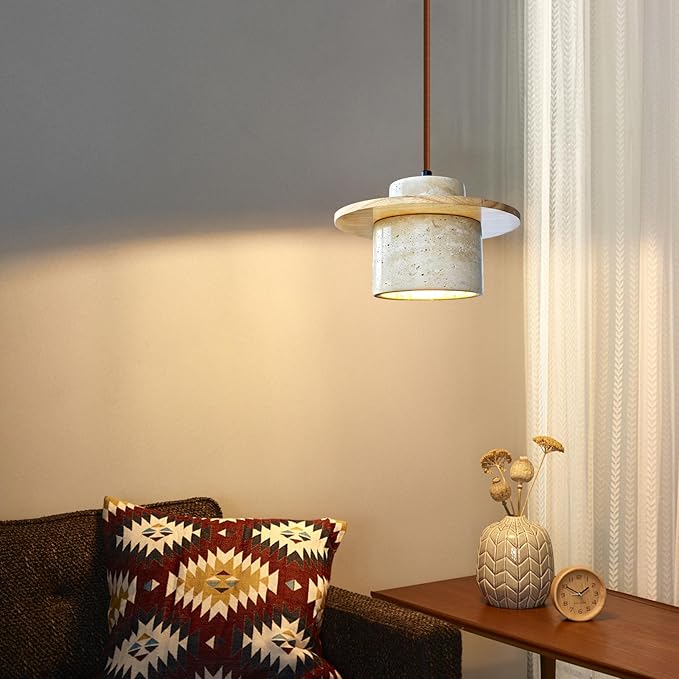 Japanese Wabi sabi Pendant Light with Natural Stone Shade, Dimmable Modern Wood Hanging Lamp Fixture, Adjustable Height Pendant Lamp for Bedroom, Kitchen Island, Dining Room, Restaurant, Cafe, Bar (B)