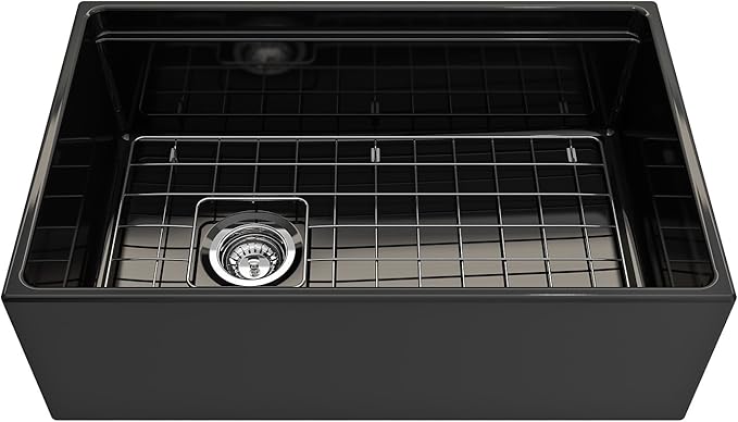 BOCCHI Contempo Workstation Apron Front Step Rim Fireclay 30 in. Single Bowl Kitchen Sink with Accessories in Black