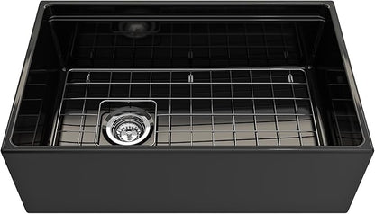 BOCCHI Contempo Workstation Apron Front Step Rim Fireclay 30 in. Single Bowl Kitchen Sink with Accessories in Black