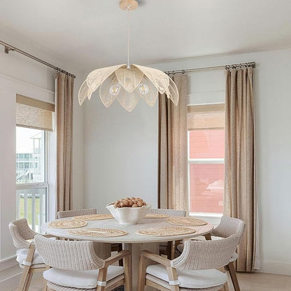 24”Hand Woven White Rattan Chandelier, 3-Lights Boho Light Fixture Adjustable Coastal Pendant Light for Kitchen Island Dining Living Room