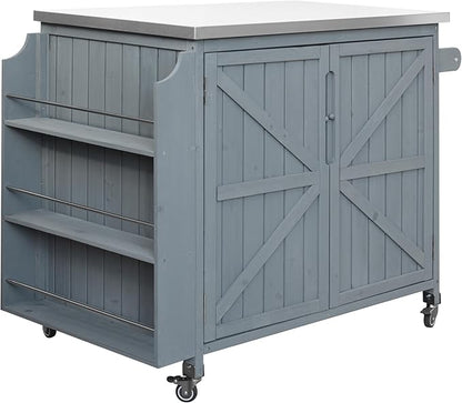JIJIWANG 42.1" Outdoor Kitchen Island with Stainless Steel Top and Side Shelf, Outdoor Grill Cart with Storage Cabinet and Adjustable Shelves, Kitchen Cart on Wheels for Small Spaces Grey Blue