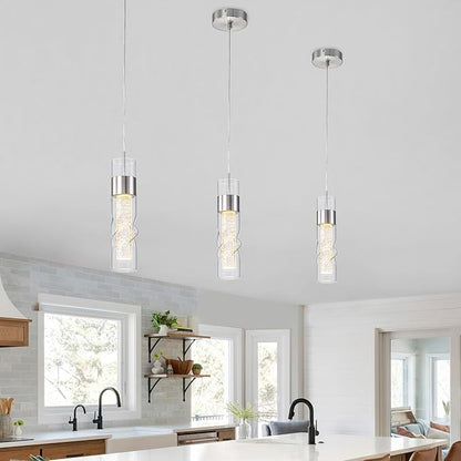 WILON Pendant Lights Kitchen Island, 24W Modern Kitchen Island Lights Brushed Nickel, Ceiling Lighting Fixtures with Crystal Bubble, Integrated LED Hanging Light for Dining Room Restaurant(3 Pack)