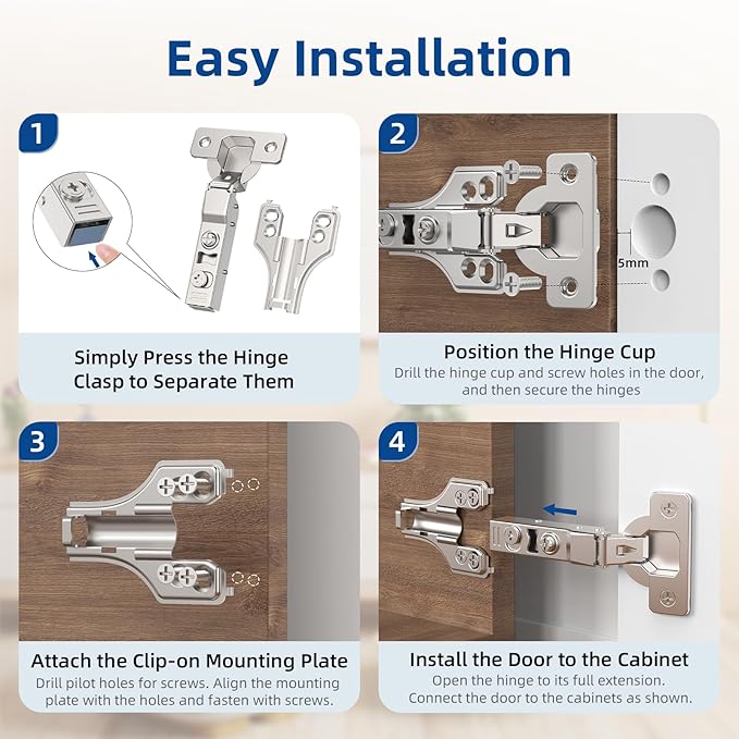 Chibery 20 Pack 1/4" Partial Overlay Soft Close Concealed Hinge for Face Frame ＆ Frameless Door, 3D Adjustment, Clip-on Plate, Slow Self Closing Hidden Satin Nickel, 105° Stainless Steel Hinges, 3/8"