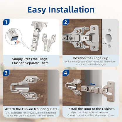 Chibery 30 Pack 1/4" Partial Overlay Soft Close Concealed Hinge for Face Frame ＆ Frameless Door, 3D Adjustment, Clip-on Plate, Slow Self Closing Hidden Satin Nickel, 105° Stainless Steel Hinges, 3/8"