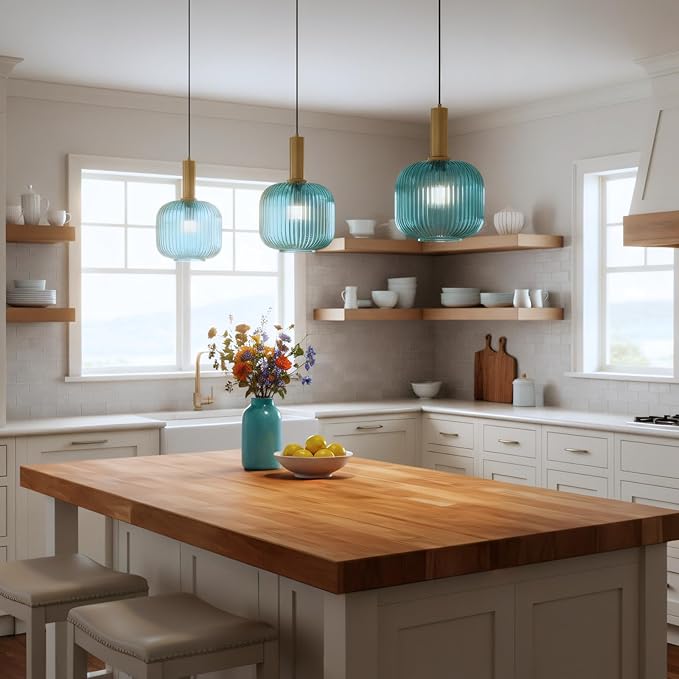 Gold Plug in Pendant Light with On/Off Switch, Blue Ribbed Glass Hanging Lamp, Adjustable Cord, Coastal Style for Kitchen, Dining Room, Living Room, Bedroom