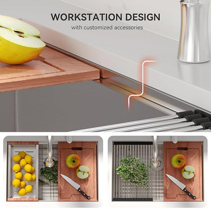 Lordear 27 Undermount Kitchen Sink 27x19 Inch 16 Gauge Stainless Steel Kitchen Sinks Under Counter Ledge Workstation Single Bowl Basin