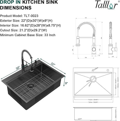 30 Inch Drop In Kitchen Sink with Faucet Combo - 30"x22" Workstation All-In One Gunmetal Black NANO-PVD 16 Gauge Stainless Steel Topmount Single Bowl Sink For Kitchen with Faucet #TLT-0023