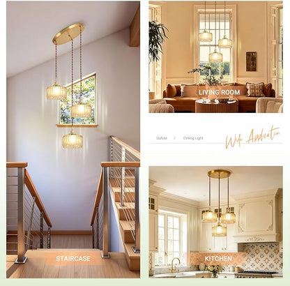 Amber Chandelier Mid-Century Modern Chandelier 3-Light Glass Globes Vintage Gold Brass Finish Striped Glass Hanging Pendant Lights Dining Room Semi Flush Mount Ceiling Light Fixture