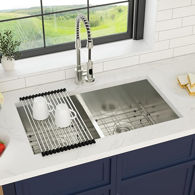 33 Inch Undermount Double Bowl Kitchen Sink 16 Gague 304 Stainless Steel Double Handmade Sinks 50/50 Large Deep Double Bowl Sinks 33"x19"x10"