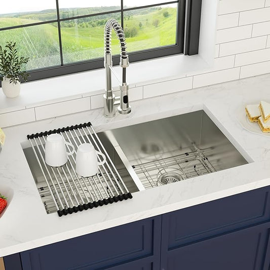 33 Inch Undermount Double Bowl Kitchen Sink 16 Gague 304 Stainless Steel Double Handmade Sinks 50/50 Large Deep Double Bowl Sinks 33"x19"x10"