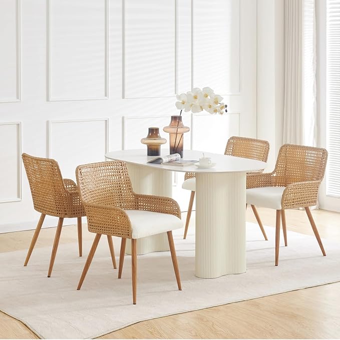 Rattan Dining Chairs,Upholstered Boucle Fabric Dining Chairs with Armrest and PE Cane Backrest, Mid Century Modern Dining Room Chairs with Metal Legs for Kitchen Island,Set of 2
