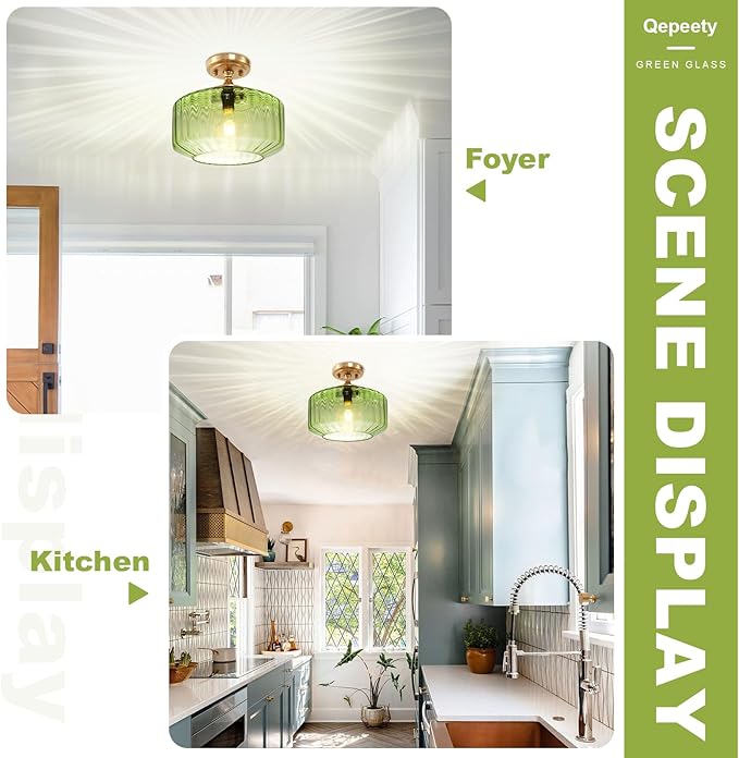 Green Semi Flush Mount Ceiling Light Fixture Vintage Antique Brass Flush Mount Overhead Light Glass Gold Chandelier for Farmhouse Closet Entryway Bathroom
