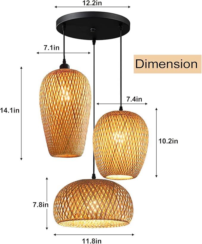 Bamboo Lantern Pendant Lamp, Retro Japanese Style E27 Chandelier Hanging Light Ceiling Lighting Fixture for Living Room Bedroom Restaurant Cafe Teahouse Bar Dining Room Club
