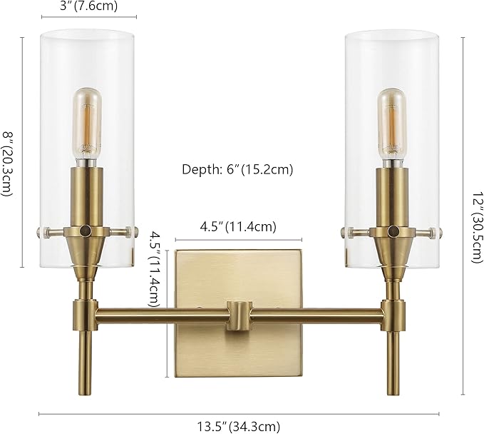 JONATHAN Y 13.5" Brass Gold/Clear Modern Farmhouse LED Vanity Light Sconce, Clear Glass Cylinder Shade, Wall Lamp for Bathroom Mirror Hallway Entryway, LED Bulb Included (JYL7806C)