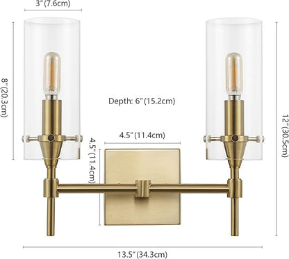 JONATHAN Y 13.5" Brass Gold/Clear Modern Farmhouse LED Vanity Light Sconce, Clear Glass Cylinder Shade, Wall Lamp for Bathroom Mirror Hallway Entryway, LED Bulb Included (JYL7806C)