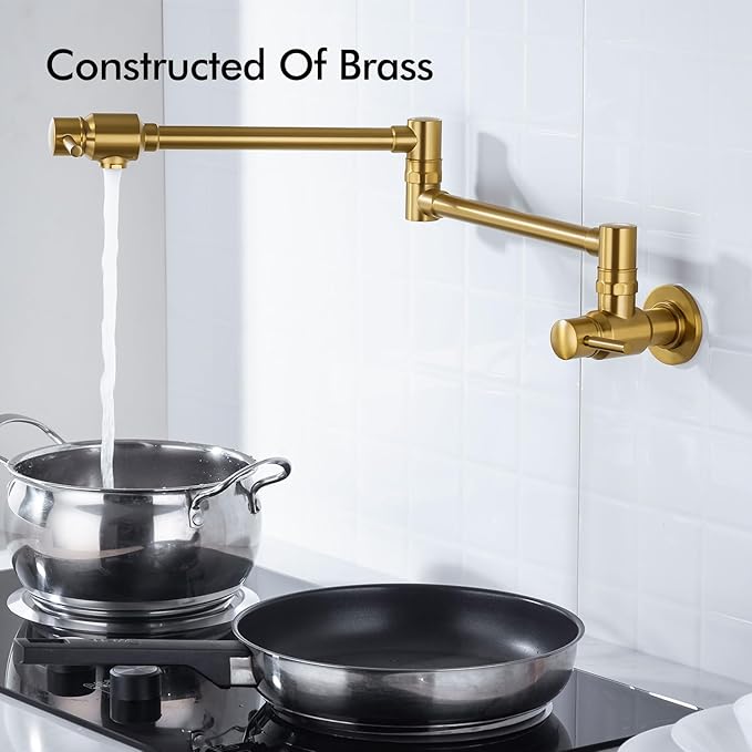 Wall Mount Spout Cold Water Only Double Lever Handle Brushed Brass Kitchen Sink Faucet Stove, Pot Filler Faucet with Dual Joint Swing Armk Sink Faucet, Brushed Old Gold-PVD