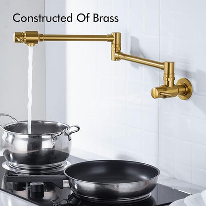 Wall Mount Spout Cold Water Only Double Lever Handle Brushed Brass Kitchen Sink Faucet Stove, Pot Filler Faucet with Dual Joint Swing Armk Sink Faucet, Brushed Old Gold-PVD