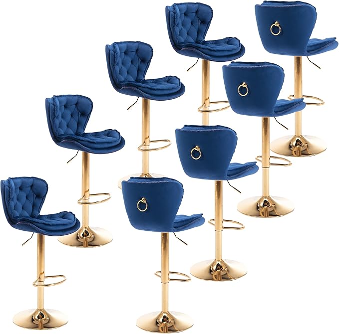 Rhomtree 24-33 Inch Swivel Bar Stools, Adjustable Counter Height Barstools, Velvet Tufted Back and Golden Footrest, Bar Chairs for Kitchen Island, Cafe, Bar, Bar Counter, Coffee(Navy Blue Set of 8)
