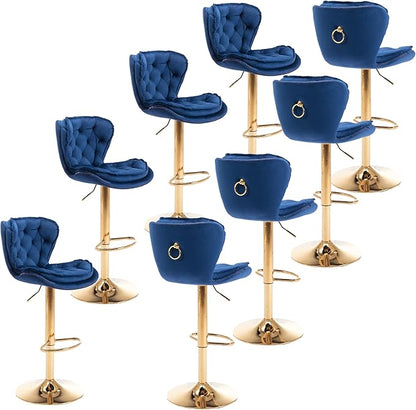 Rhomtree 24-33 Inch Swivel Bar Stools, Adjustable Counter Height Barstools, Velvet Tufted Back and Golden Footrest, Bar Chairs for Kitchen Island, Cafe, Bar, Bar Counter, Coffee(Navy Blue Set of 8)