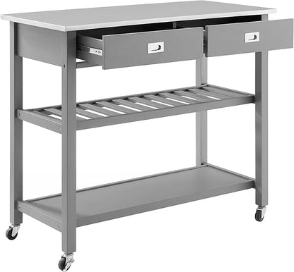 Crosley Furniture Chloe Stainless Steel Top Rolling Kitchen Island Storage Cart, Microwave Stand, Wine Rack, Gray
