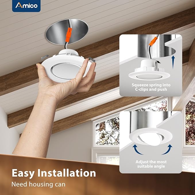 Amico 12 Pack 4 Inch Retrofit Eyeball Gimbal Can Lights, Adjustable Eyeball Directional 5CCT LED Recessed Lights, Dimmable, 2700K/3000K/3500K/4000K/5000K Selectable, 7W 650LM, ETL&FCC