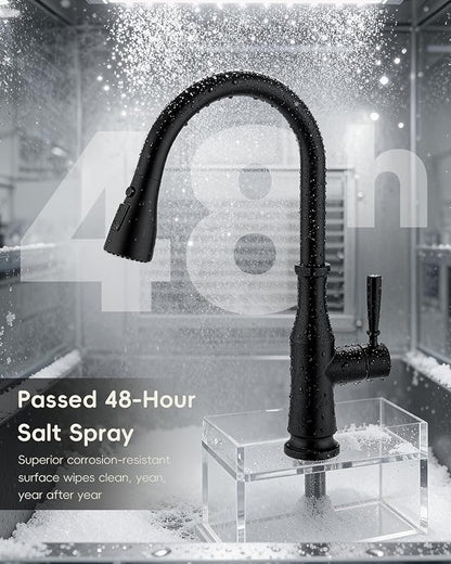 APPASO Black Kitchen Faucet with Pull Down Sprayer, 360° Swivel, 20-Inch Flexible Hose, One Hole Single Handle High Arc Matte Black Faucet for 1 or 3 Holes Kitchen Farmhouse Outdoor Sink, Easy Install