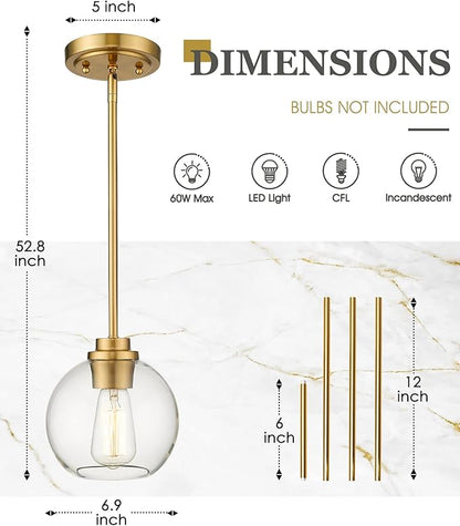 Brass Pendant Lights Kitchen Island 2 Pack, Farmhouse Gold Pendant Light with Clear Glass Globe Shade, Kitchen Island Lighting for Dining Room Entryway, AD-22280-1P2-GD-C