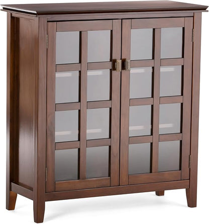 SIMPLIHOME Artisan Storage Cabinet - 38 inch Wide Solid Wood Medium Cabinet in Russet Brown, Transitional Accent Cabinet for Living Room or Dining Room with Glass Doors and Adjustable Shelves