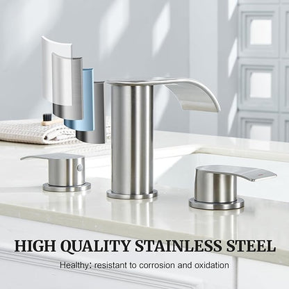 Ultimate Unicorn 8 inch Bathroom Faucet Brushed Nickel, Waterfall Bathroom Faucet with Metal Pop-up Sink Drain Stopper and 2 Supply Hoses,2 Handle Widespread Faucets for Vanity Sink 3 Holes