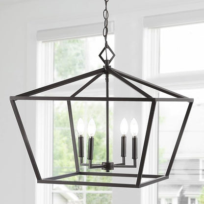 JONATHAN Y 23" Oil Rubbed Bronze 4-Light Rustic Glam Adjustable Iron LED Pendant, Open Cage Lantern Hanging Light for Dining Room, Kitchen Island, Foyer, Farmhouse French Country (JYL7520B)