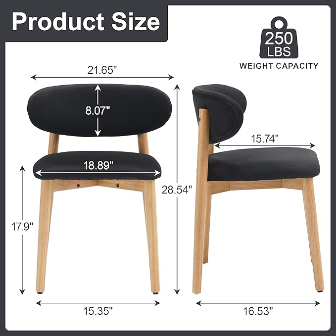 Upholstered Dining Chairs Set of 6, Velvet Fabric Kitchen & Dining Room Chairs with Solid Wood Legs, Modern Armless Side Chairs for Kitchen Island, Living Room, Restaurant (Black, Set of 6)