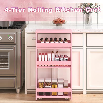 MARTY Rolling Storage Cart 7.9" W, 4-Tier Kitchen Cart with Wheels Handle, Slim Storage Cart Mobile Shelving Utility Carts for Bathroom Laundry Room Organization Narrow Places (Pink)
