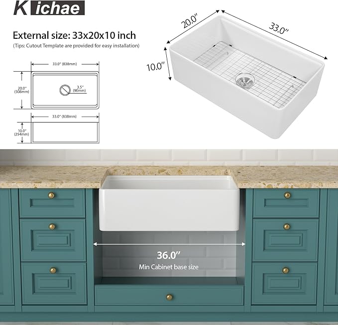 Kichae 33 Inch White Farmhouse Kitchen Sink Workstation Apron Front Farm Sink with Slide Ledge Fireclay Ceramic Porcelain Single Bowl Basin with Accessories