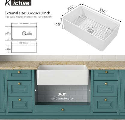 Kichae 33 Inch White Farmhouse Kitchen Sink Workstation Apron Front Farm Sink with Slide Ledge Fireclay Ceramic Porcelain Single Bowl Basin with Accessories