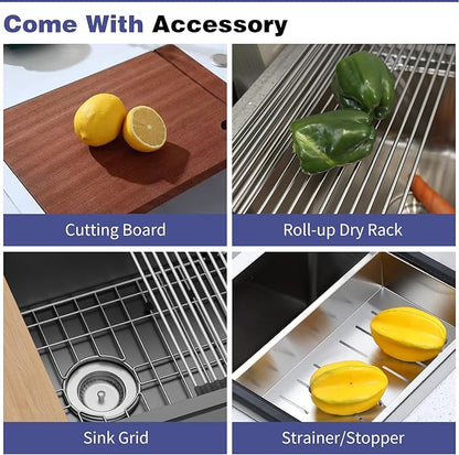 Kitchen Sink Workstation,28"x19" Stainless Steel Undermount Single Bowl Sink Built-in Ledge Drop In Workstation Sink For Placing/Sliding Accessories-Cutting Board,Drying Rack,Colander