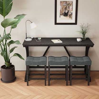 allamazing 4-Piece Counter High Bar Table Set with Socket and 3 Fabric Padded Bar Stools, Tall Kitchen Breakfast Nook with Stool, Black