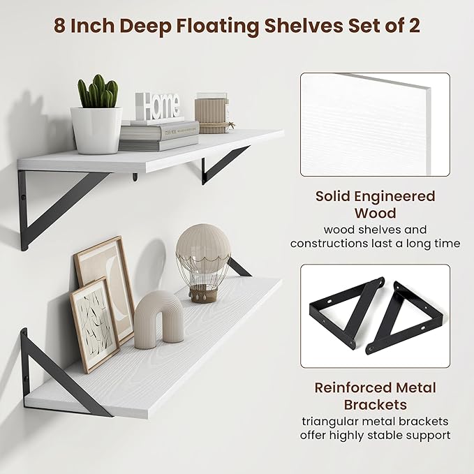 Axeman 36 Inch Floating Shelves | 8 Inch Deep White Wall Shelves Set of 2 | 36''W x 8''D Rustic White Wood Shelves for Bathroom Living Room Bedroom Kitchen