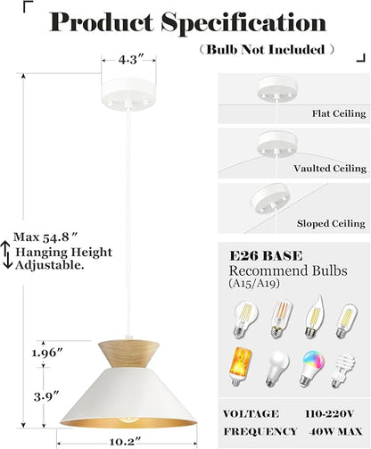 ELYONA Modern Pendant Light Fixtures 10" Solid Wood Hanging Lamp Nordic White Metal & Gold Inner Finish Boho Pendant Light for Farmhouse Kitchen Island Dining Room Bedroom Living Room Hallway