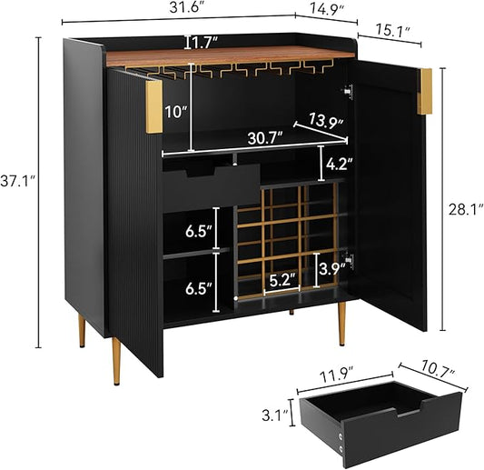 ARTPOWER Sideboard Buffet Cabinet with Fluted Texture, Modern Coffee Bar Cabinet with Wine Rack&Drawers, Black Liquor Cabinet for Kitchen Dining Room, Living Room