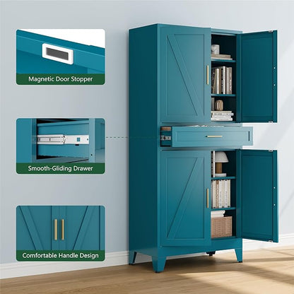 Bevivog Metal Storage Cabinet with Drawers, Tall Cabinets with Doors and Shelves, 4 Doors High Storage Cabinet for Office/Pantry/Living Room
