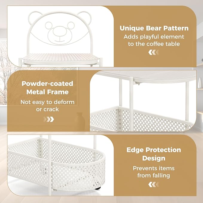 Giantex Mobile Glass Coffee Table, 2-Tier Modern Cocktail Table with Bear Pattern, Storage Basket & Metal Frame, Sofa Side Tea Table on Lockable Wheels, Center Table for Living Room, Bedroom (White)