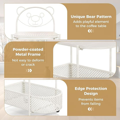 Giantex Mobile Glass Coffee Table, 2-Tier Modern Cocktail Table with Bear Pattern, Storage Basket & Metal Frame, Sofa Side Tea Table on Lockable Wheels, Center Table for Living Room, Bedroom (White)