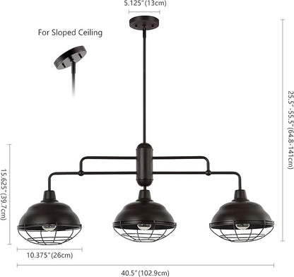 JONATHAN Y 40.5" Oil Rubbed Bronze 3-Light Industrial Farmhouse LED Pendant Light Fixture for Kitchen Island, Dining Room, Adjustable Hanging Ceiling Lamp, Iron Cage Metal Shade (JYL1119A)