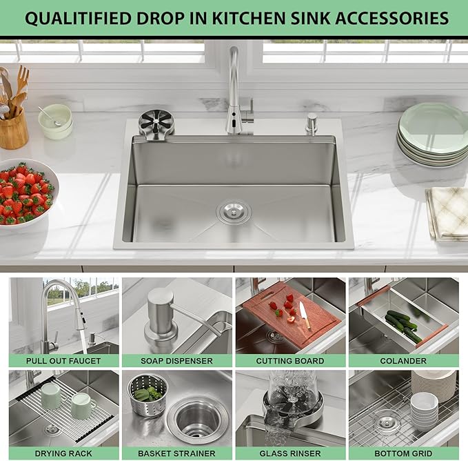 28 Drop In Kitchen Sink - Beslend 28x22 Kitchen Sink Drop In Workstation with Faucet, Stainless Steel Sinks and Soap Dispenser Topmount 16 Gauge Single Bowl Above Counter Dish Basin 9" Deep