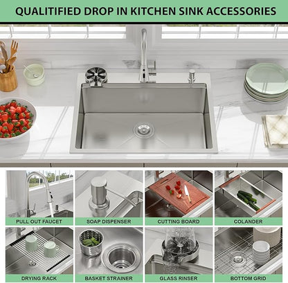 28 Drop In Kitchen Sink - Beslend 28x22 Kitchen Sink Drop In Workstation with Faucet, Stainless Steel Sinks and Soap Dispenser Topmount 16 Gauge Single Bowl Above Counter Dish Basin 9" Deep