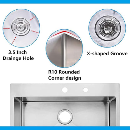 33"x 22" Drop in Stainless Steel Kitchen Sink, Brushed Nickel Top mount Kitchen Sinks, 18 Gauge Handmade Single Bowl Large Basin With Dish Grid and Basket Strainer