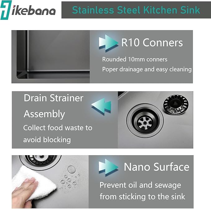 IKEBANA 15 Inch Black Bar Sink Drop In, 16 Gauge Stainless Steel Topmount Small Kitchen Sink, 15x20 Inch Single Bowl Wet Bar Outdoor RV Prep Laundry Sinks With Dish Grid& Drain