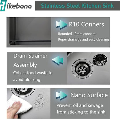 IKEBANA 15 Inch Black Bar Sink Drop In, 16 Gauge Stainless Steel Topmount Small Kitchen Sink, 15x20 Inch Single Bowl Wet Bar Outdoor RV Prep Laundry Sinks With Dish Grid& Drain