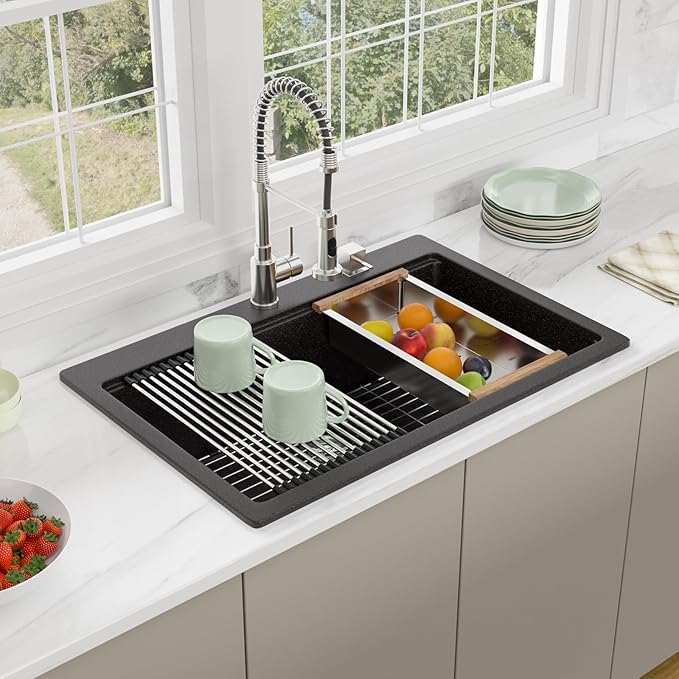 33 Granite Composite Kitchen Sink - Beslend 33x22 Drop In Black Kitchen Sink, Topmount Granite Luxury Above Counter Worksation Black Sinks Easy Clean Quartz Dish Basin for Kitchen Remodel